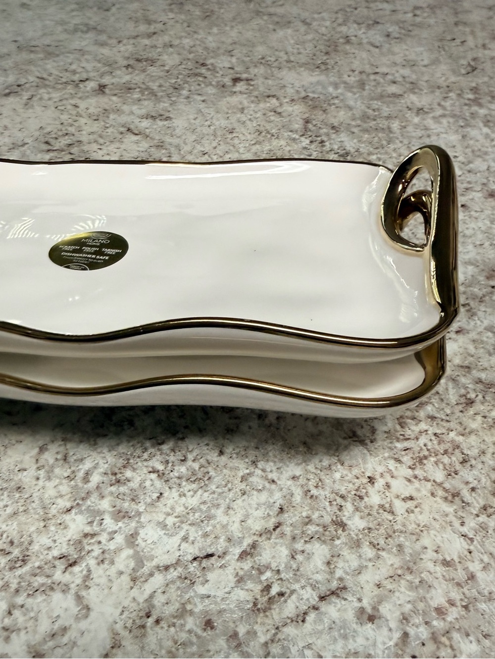 Two-Set Luxury Scalloped Gold Rim White Porcelain Serving Trays with Handles